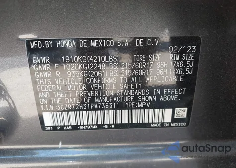 2023 Honda Hr-V Awd Lx из США, поврежденный, VIN 3CZRZ2H31PM736311